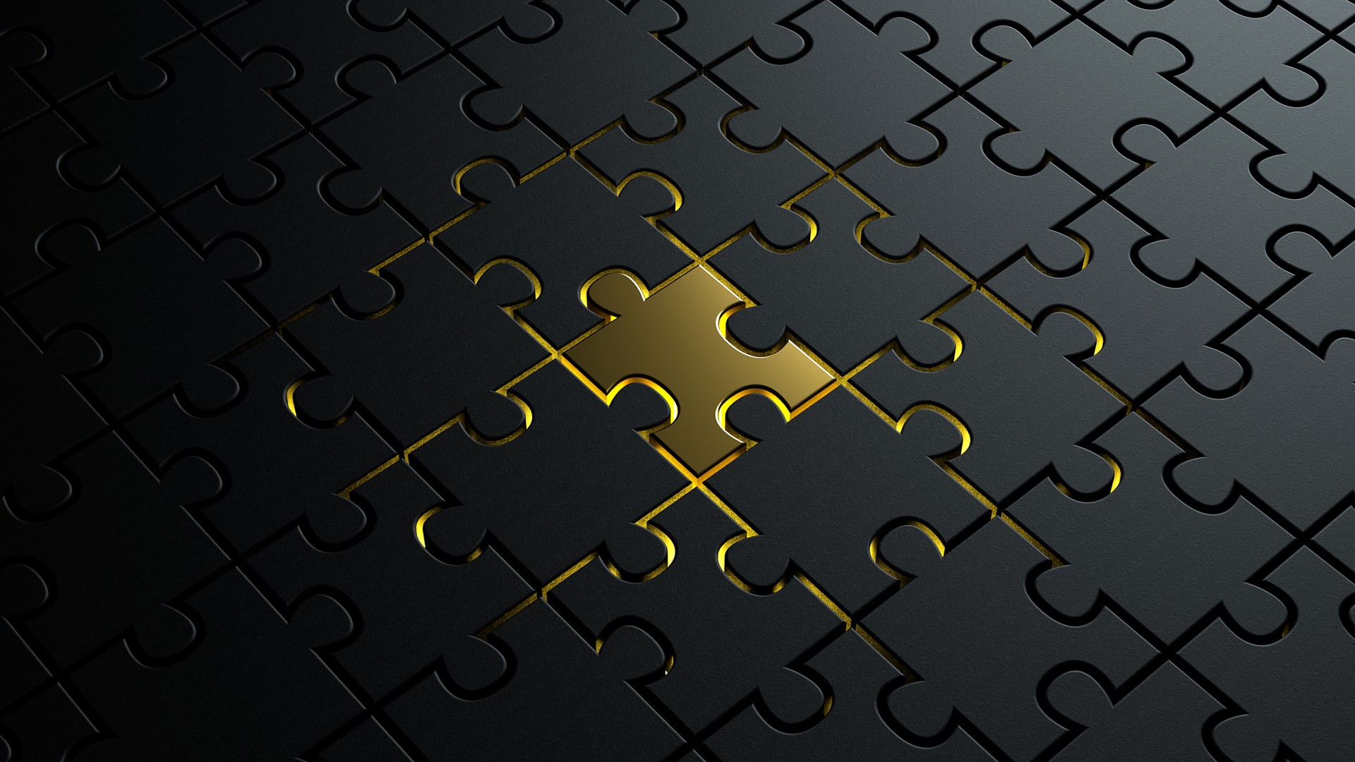 3d illustration of puzzle pieces background texture with a golden colored one in center